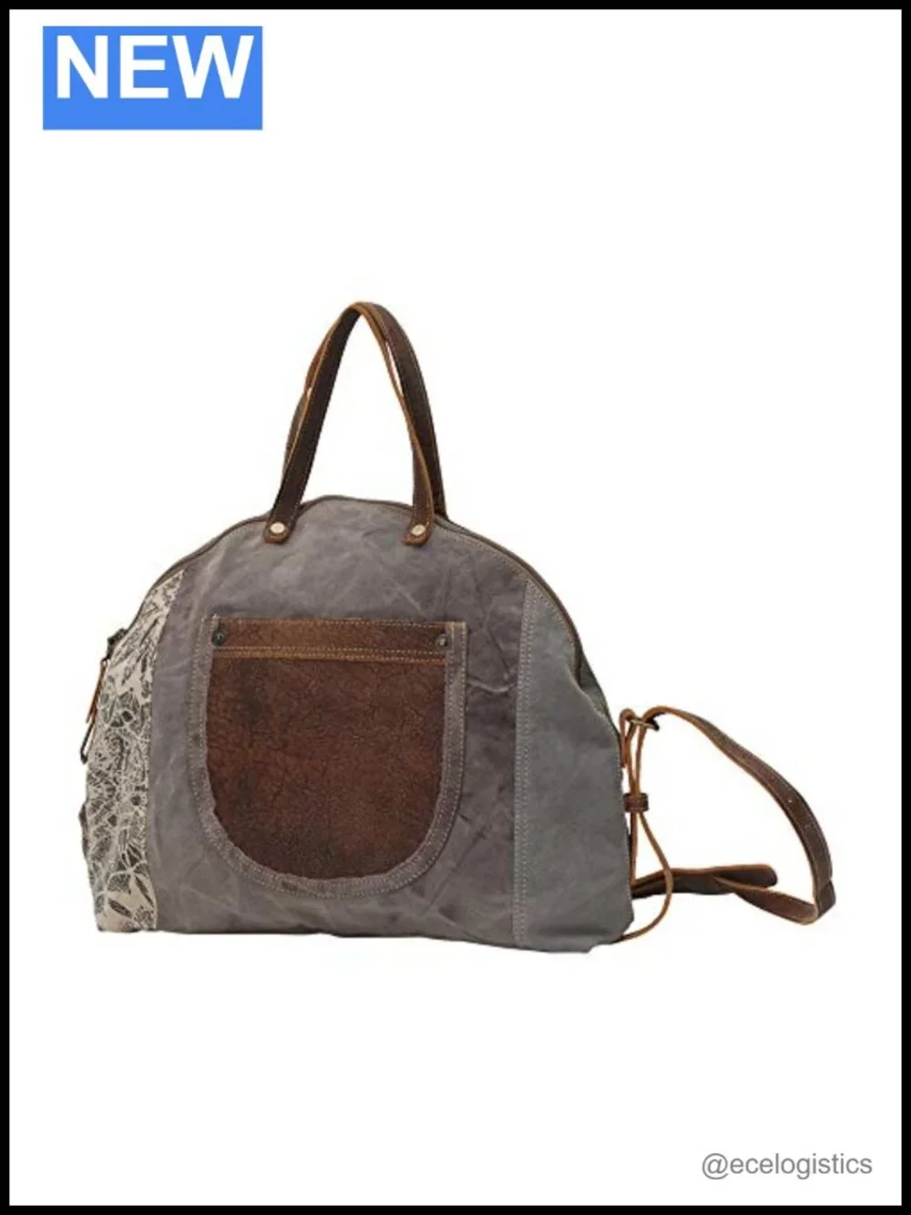 Upcycled Canvas Leather Trim Shoulder Bag with Floral Print